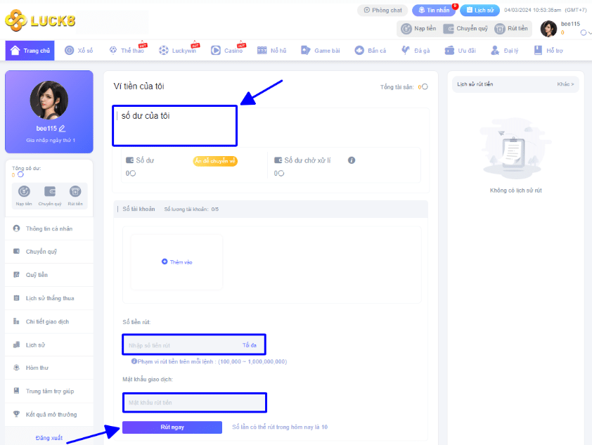 Hướng dẫn rút tiền Luck8